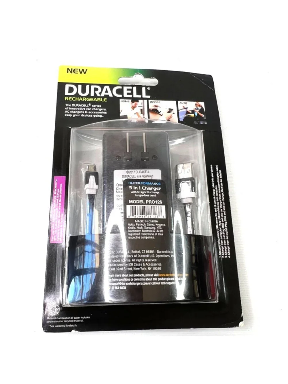 Duracell 3 in 1 Rechargeable Charger PRO126 6ft Cord Samsung Motorola Blackberry